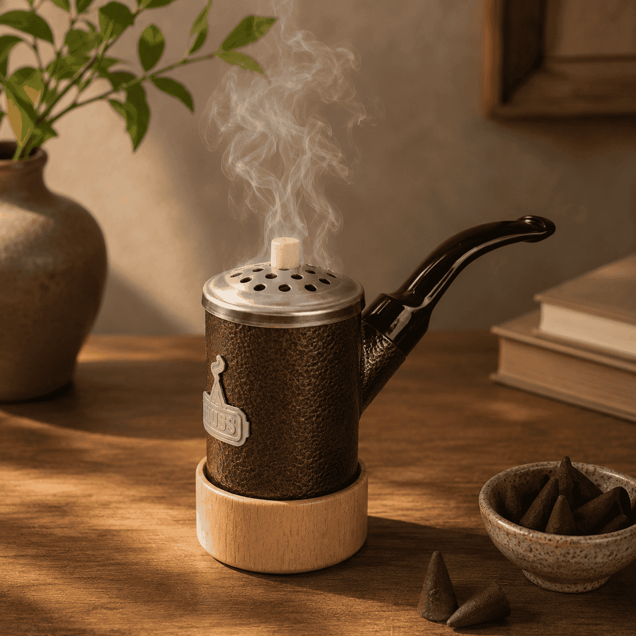 HUSS Incense pipe smoking in a cozy setting.