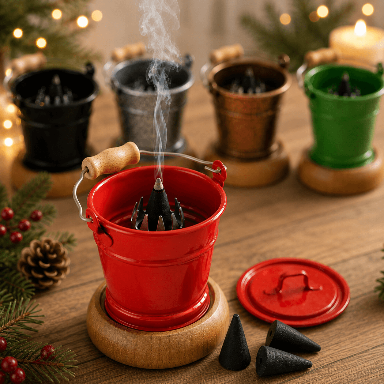 HUSS Incense smoking bucket red with a burning incense cone, removable lid, and loose incense cones displayed on a wooden table and other buckets in different colors in the back.
