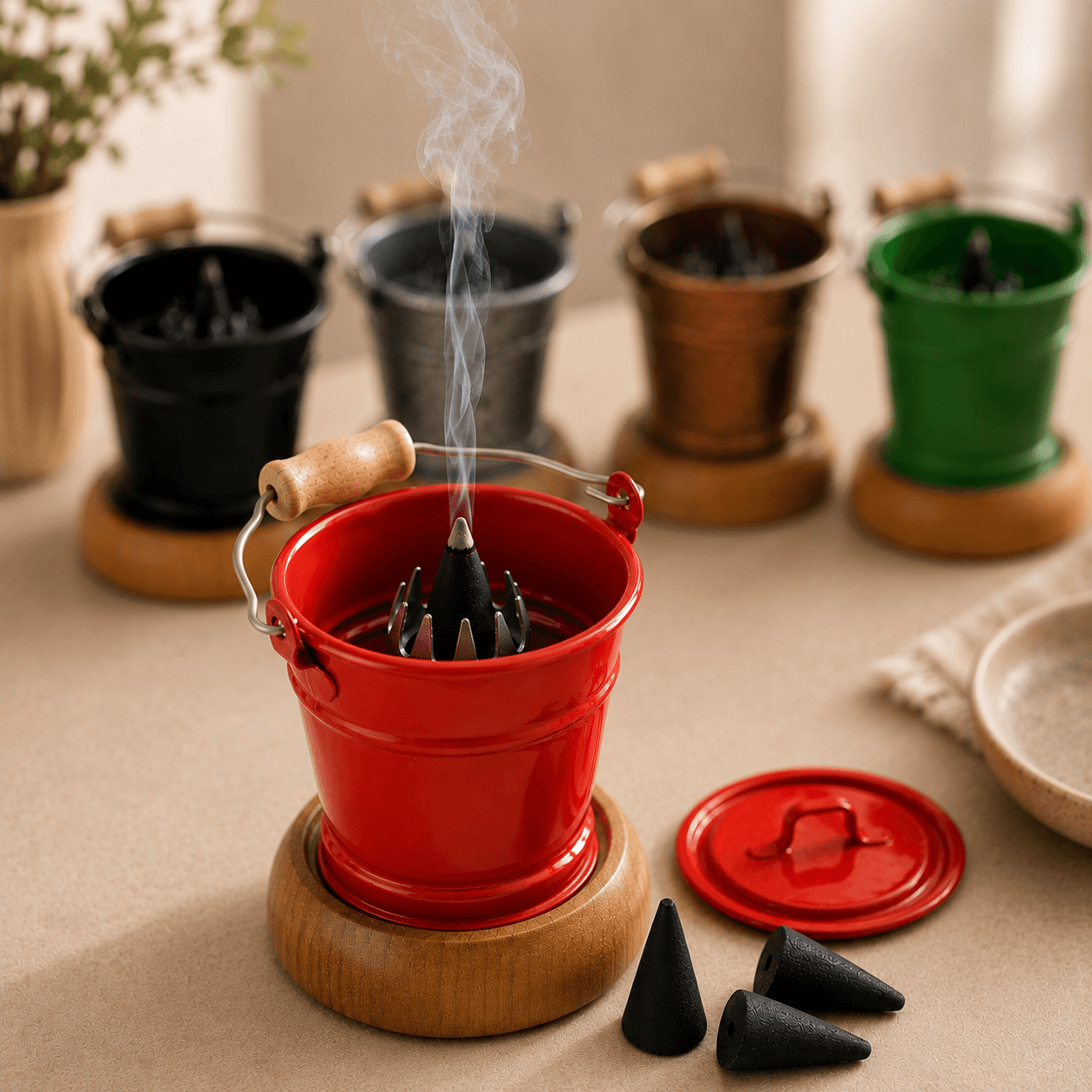 HUSS Incense smoking bucket red with a burning incense cone, removable lid, and loose incense cones displayed on a wooden table with more buckets in the background.