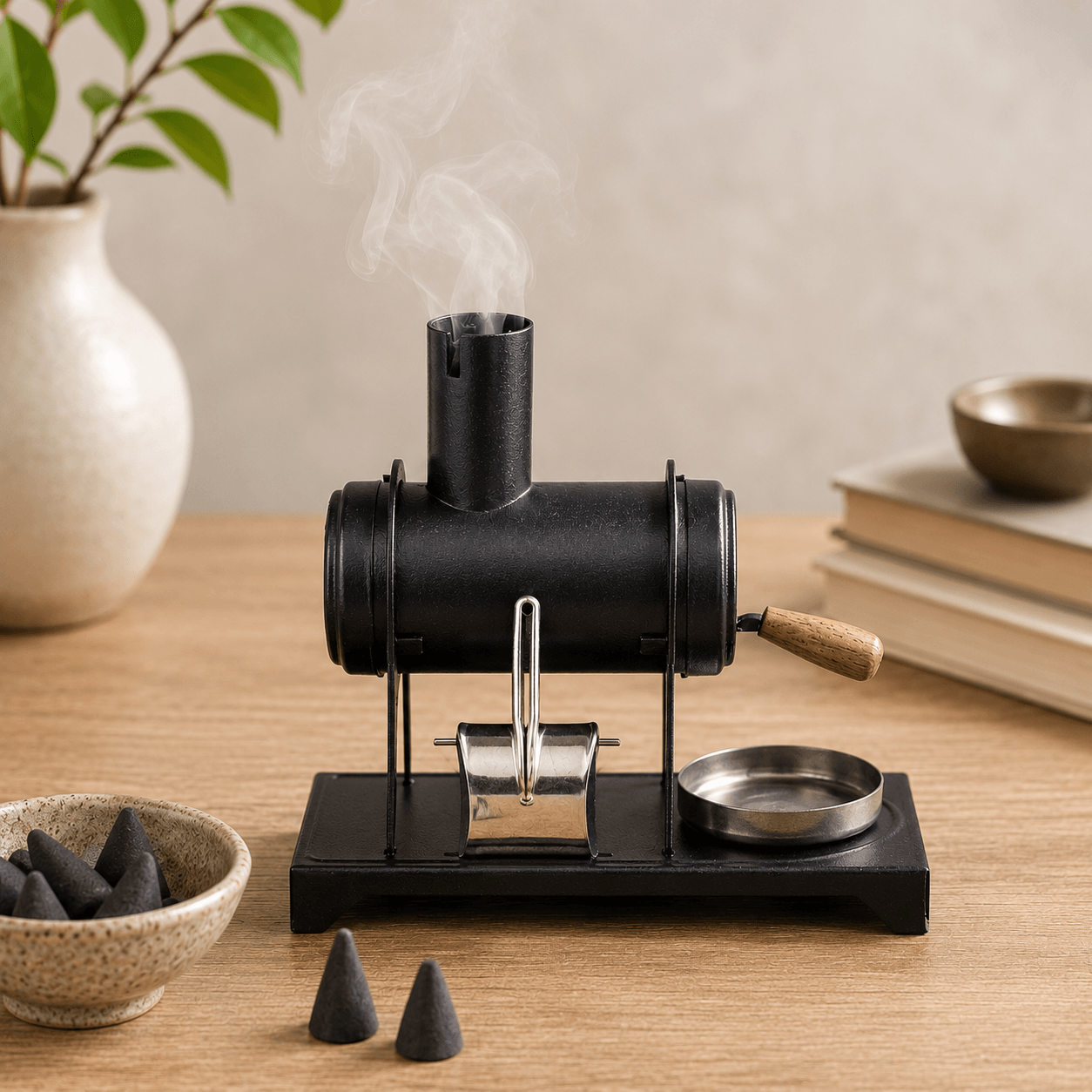HUSS Incense small workshop oven with smoke rising from the chimney, incense cones, and metal tray displayed on a wooden table.