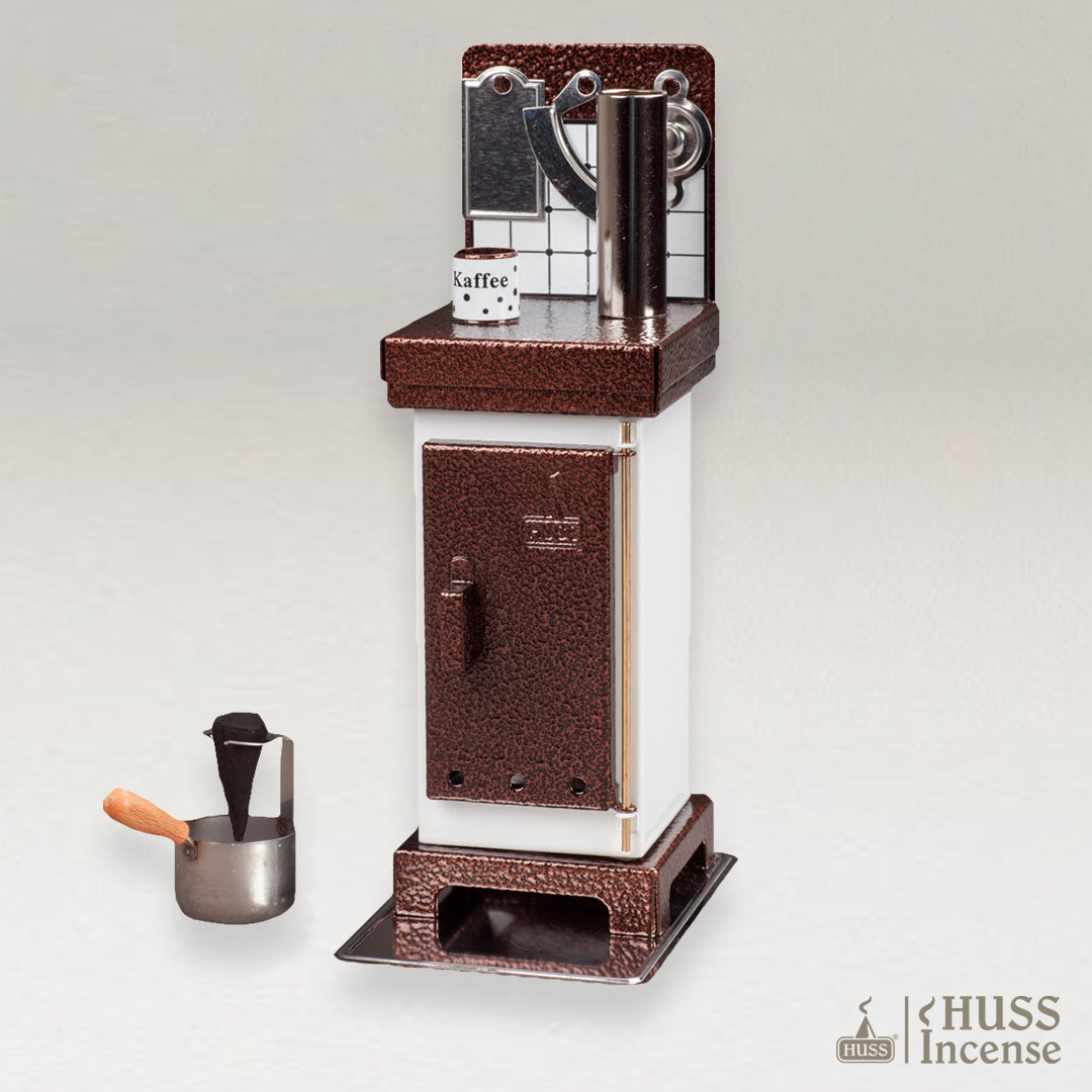 Decorative incense holder with white and brown details inspired by traditional oven