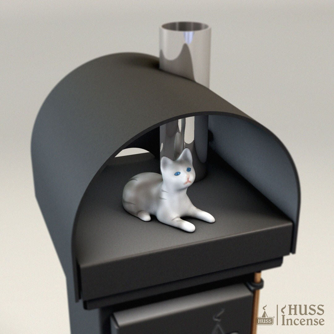 HUSS Incense Cone Wood Burner from top with cat