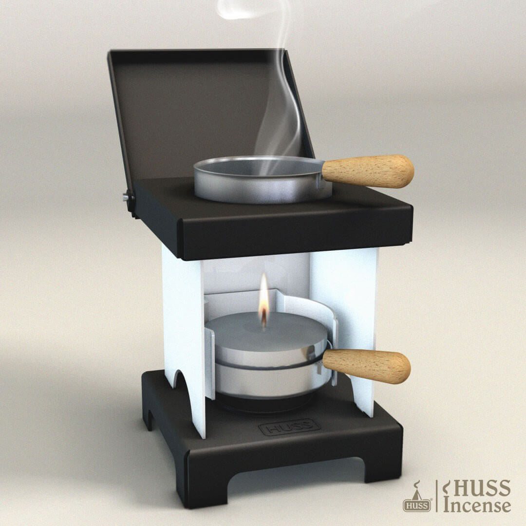 HUSS Incense Stool Stove white with candle and incense resin