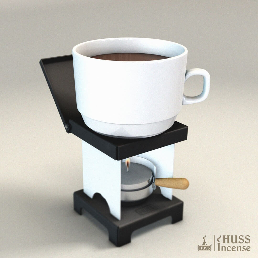 HUSS Incense Stool Stove with candle and coffee mug