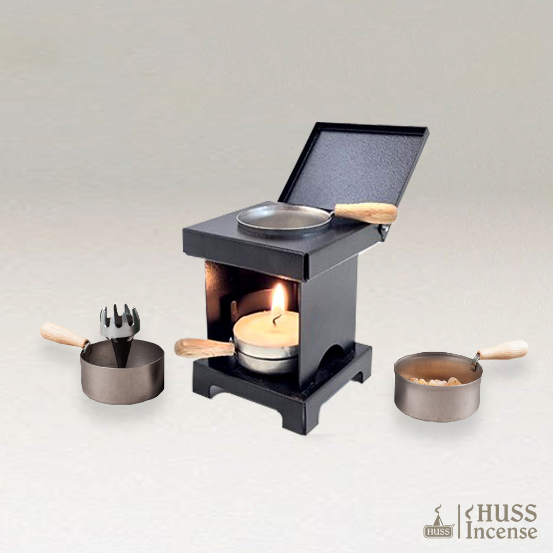 HUSS Incense Stool Stove black with Incense holder and pan for resin