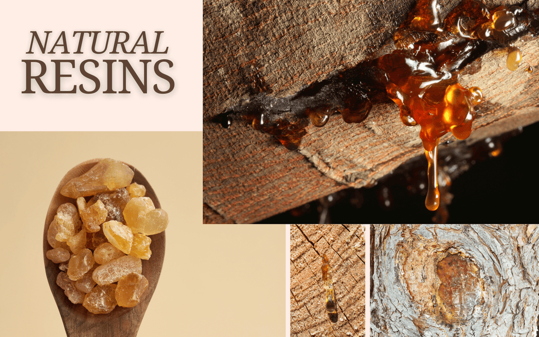 HUSS Incense natural resin bags in Myrrh, Frankincense, and Sandarac on a beige surface with loose resin pieces