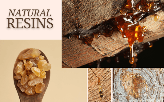 HUSS Incense natural resin bags in Myrrh, Frankincense, and Sandarac on a beige surface with loose resin pieces