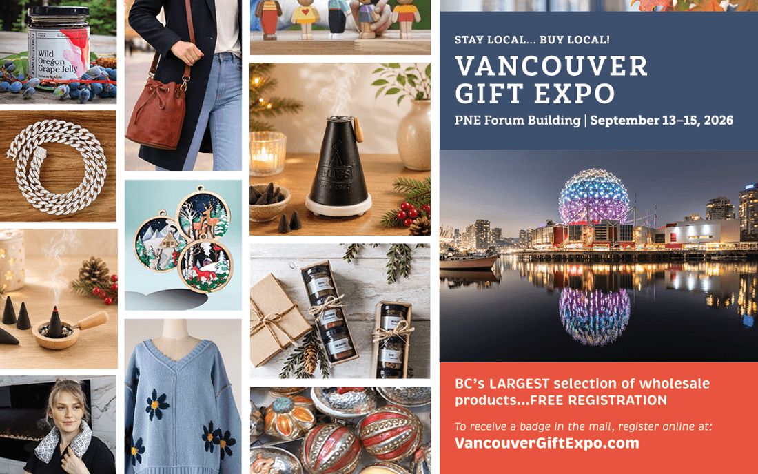 Vancouver Gift Expo 2026 promotional banner – PNE Forum Building, September 13–15, featuring wholesale gift products including incense burners, ornaments, and artisan goods