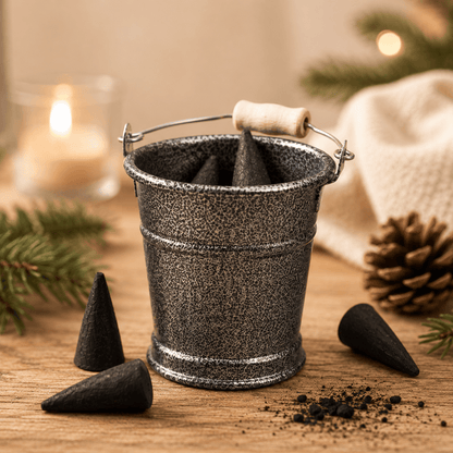 HUSS Incense bucket for storage with incense cones, and loose incense cones displayed on a wooden table.