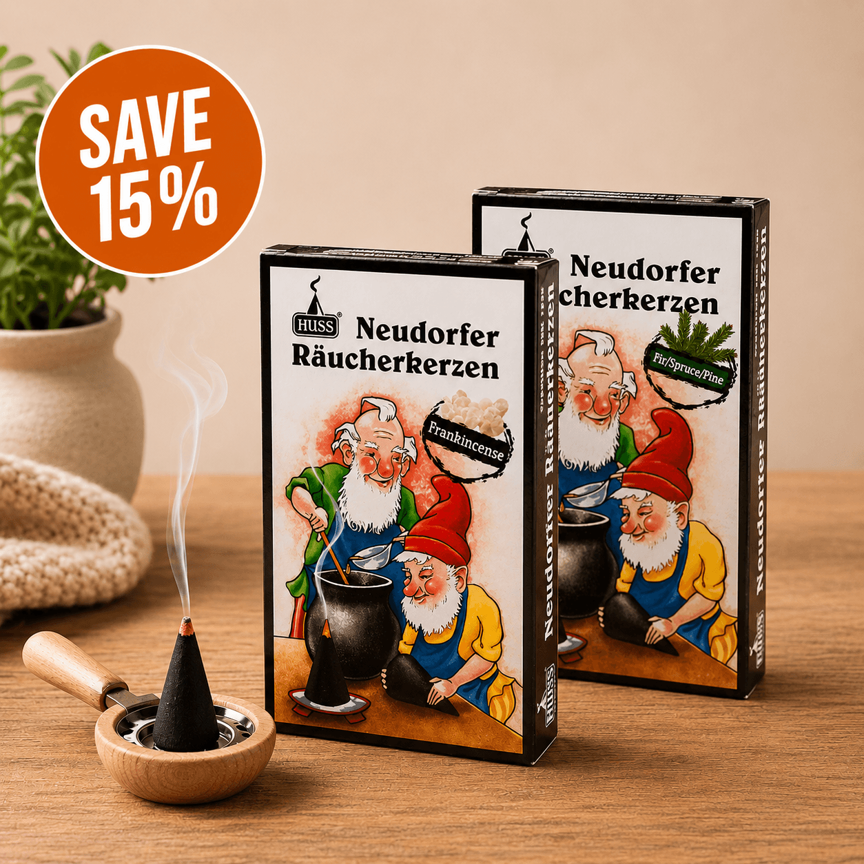 Two HUSS Incense boxes with a small wooden pan and a smoking incense on a wooden table with a SAVE 15% button.