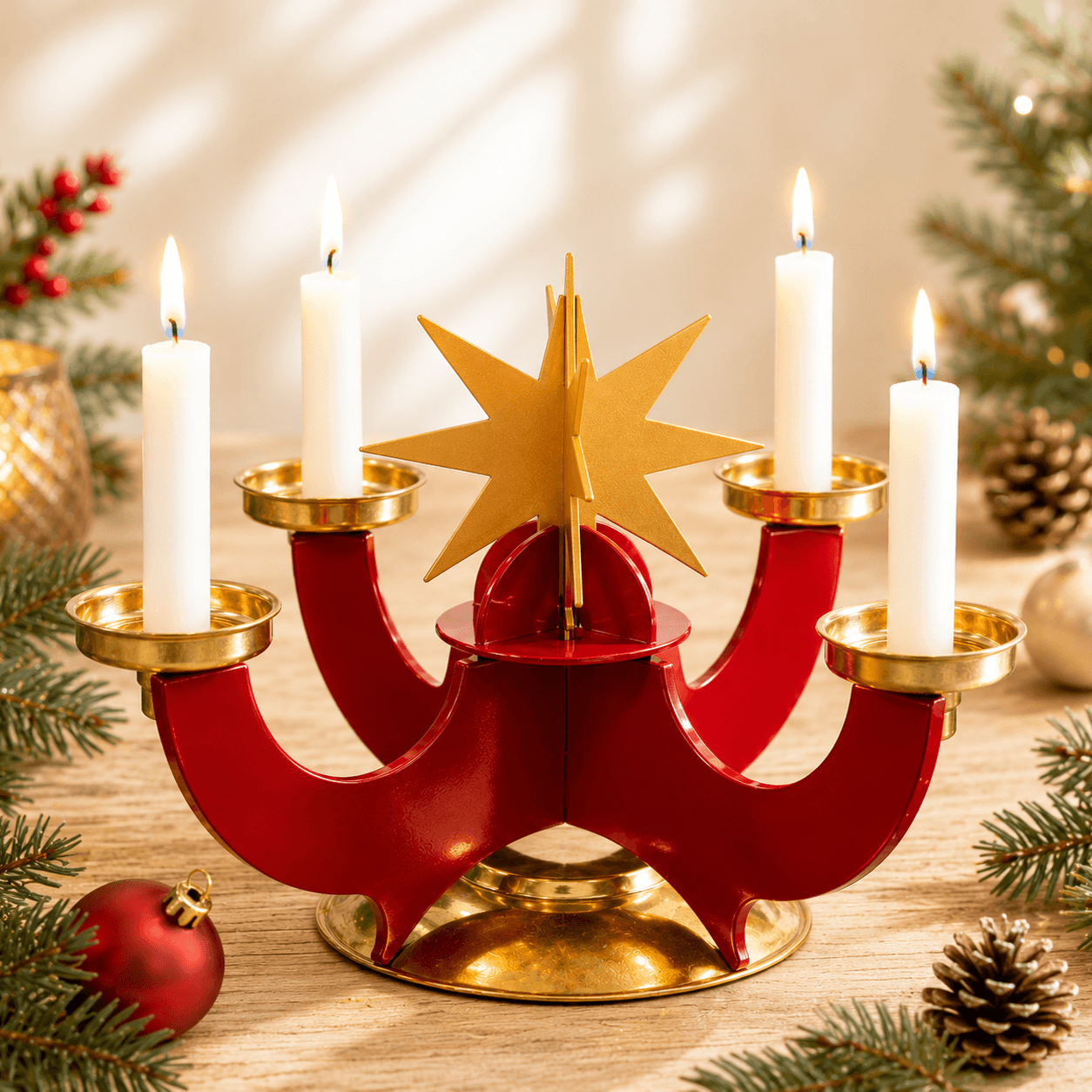HUSS Incense Candle Holder, red, with 4 burning candles for Advent, with Christmas decoration around