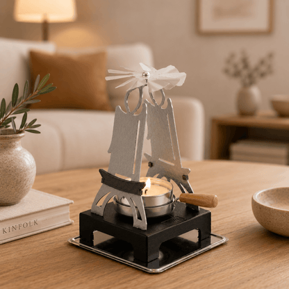HUSS Incense pyramid silver candle holder with a spinning wing and lit tealight displayed on a wooden table in a cozy living room scene.