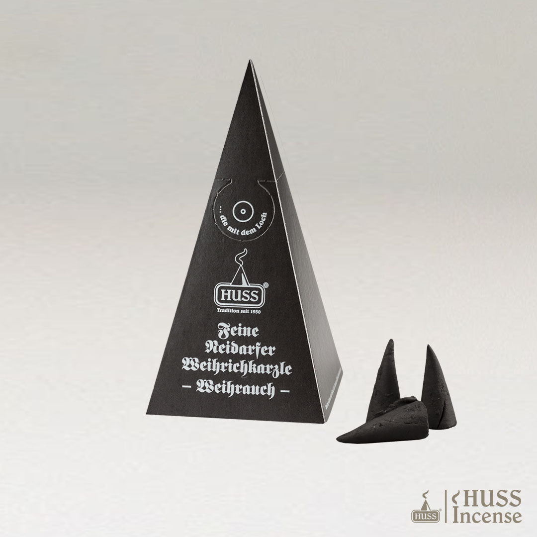 Fine Neudorf Incense cones Frankincense and box with a gray background.