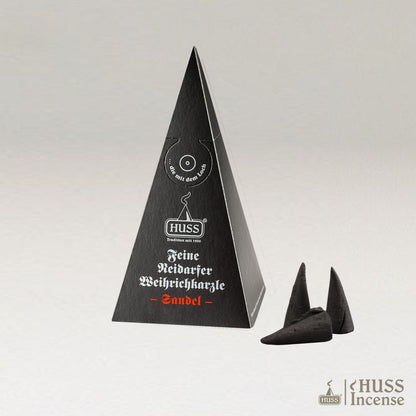 Fine Neudorf Incense cones Sandalwood and box with a gray background.
