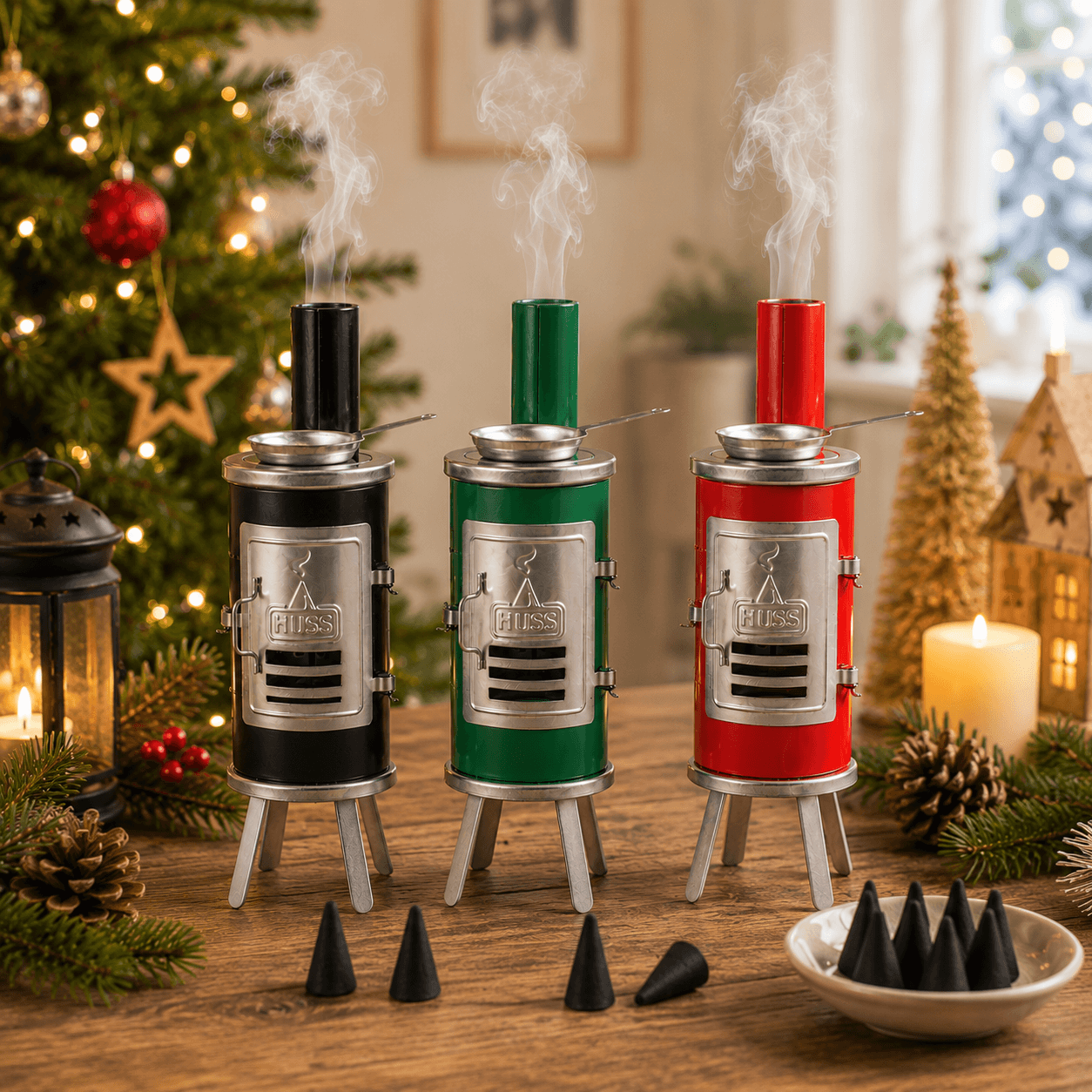 HUSS Incense glue oven in three colours on a Christmas table with incense cones