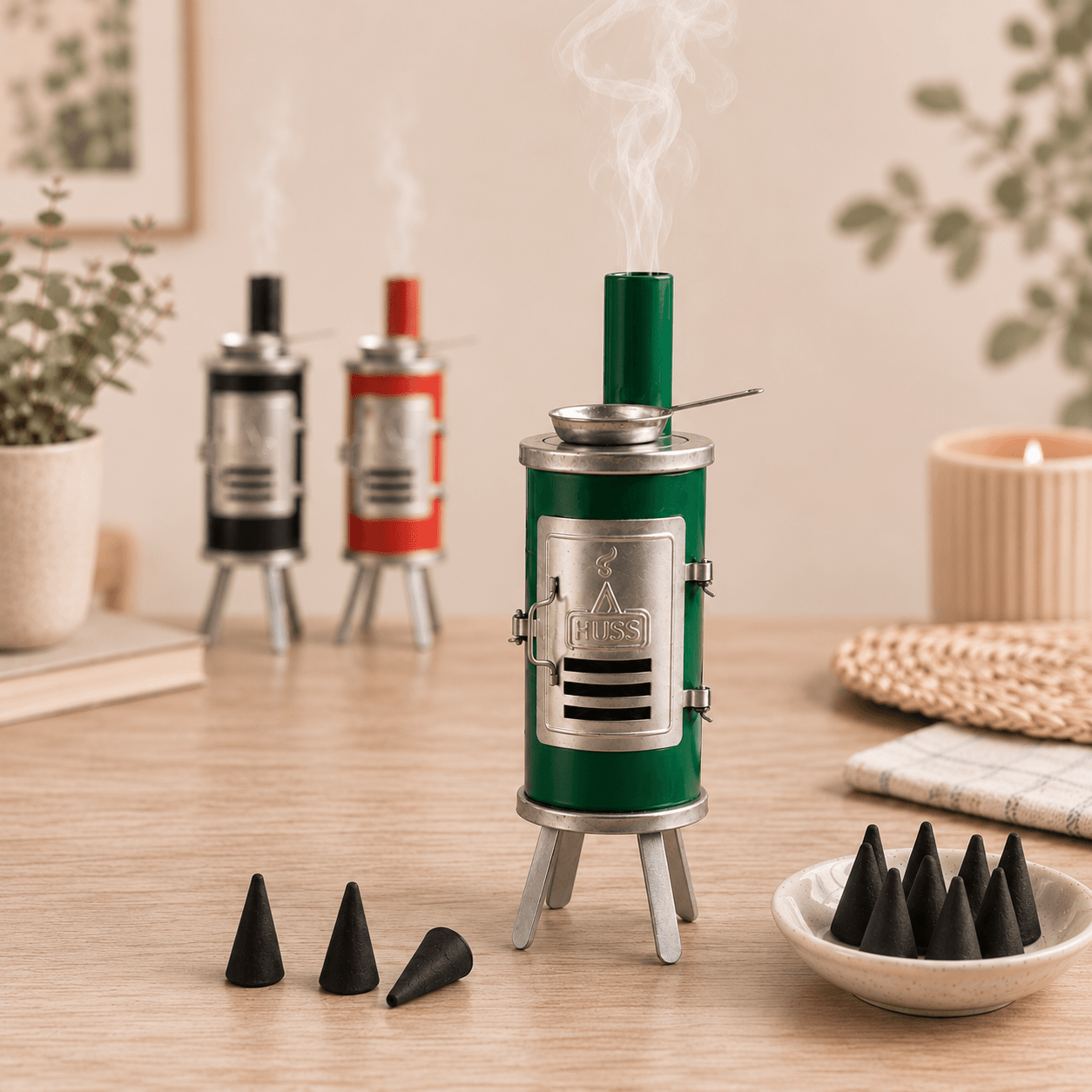HUSS Incense Glue oven with in three different colour displayed on a wooden table with incense cones in a cozy home setting.