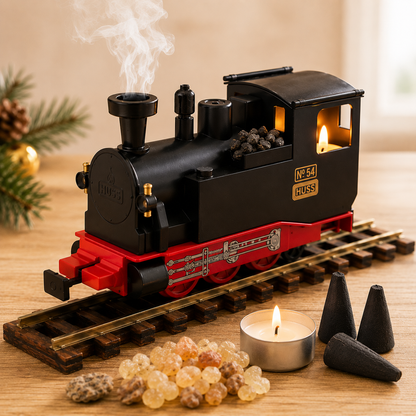 HUSS Incense Train black locomotive incense burner with smoke rising from the chimney, a glowing tealight, and incense cones on railway tracks.