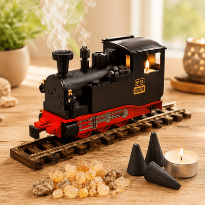 HUSS Incense Train black, locomotive incense burner with smoke rising from the chimney, a glowing tealight, and incense cones on railway tracks on a wooden table.