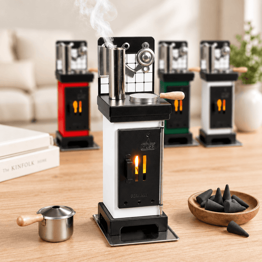 HUSS Incense incense cone and fragrance oven in white and black with rising steam, displayed on a wooden table in a cozy setting with other colors of the oven in the back.