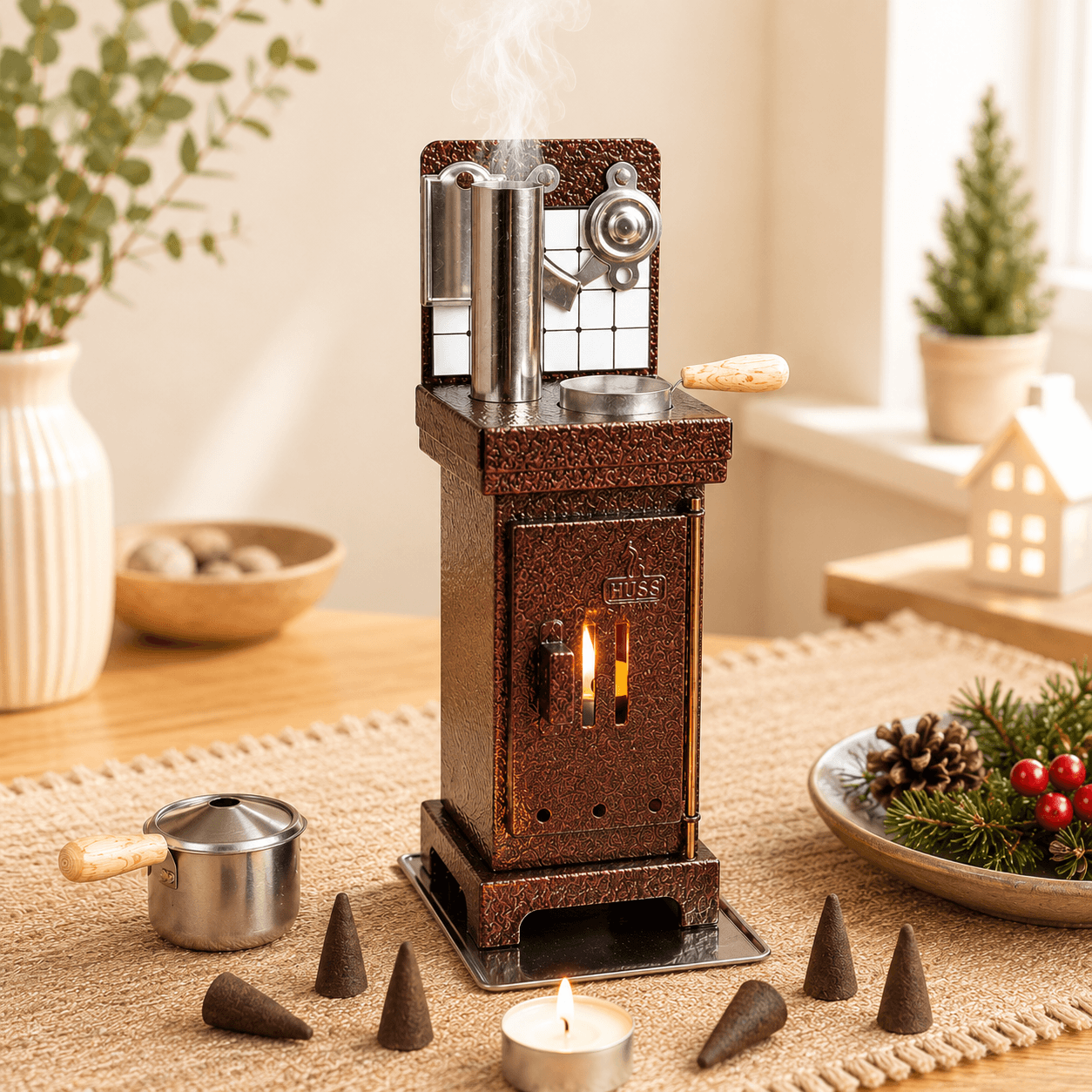 HUSS Incense Cone and Fragrance Oven in copper, demonstrating incense cone close-up of the smoking chimney and Christmas decor.