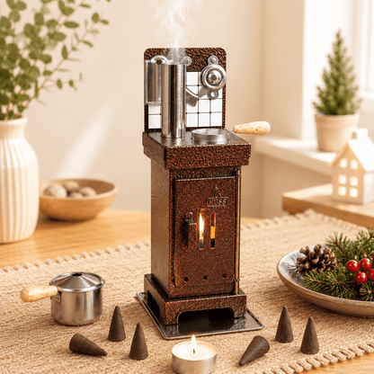 HUSS Incense Cone and Fragrance Oven in copper, demonstrating incense cone close-up of the smoking chimney and Christmas decor.
