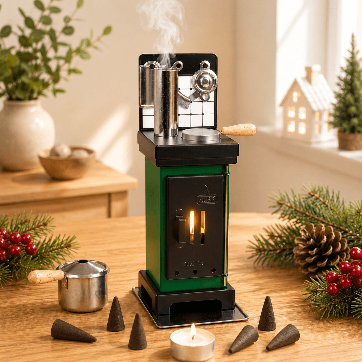 HUSS Incense Cone and Fragrance Oven in green and black, demonstrating incense cone smoke flowing from the chimney displayed in a living room with Christmas decor.