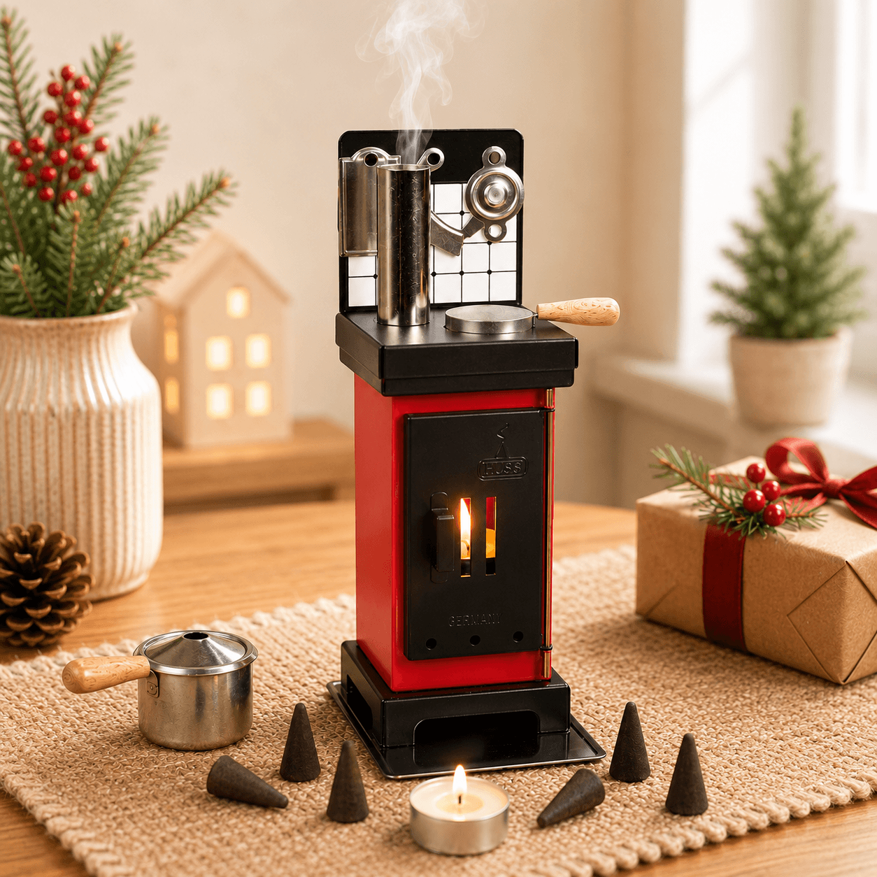 HUSS Incense Cone and Fragrance Oven in red, demonstrating incense cone smoke flowing from the chimney on a wooden table.