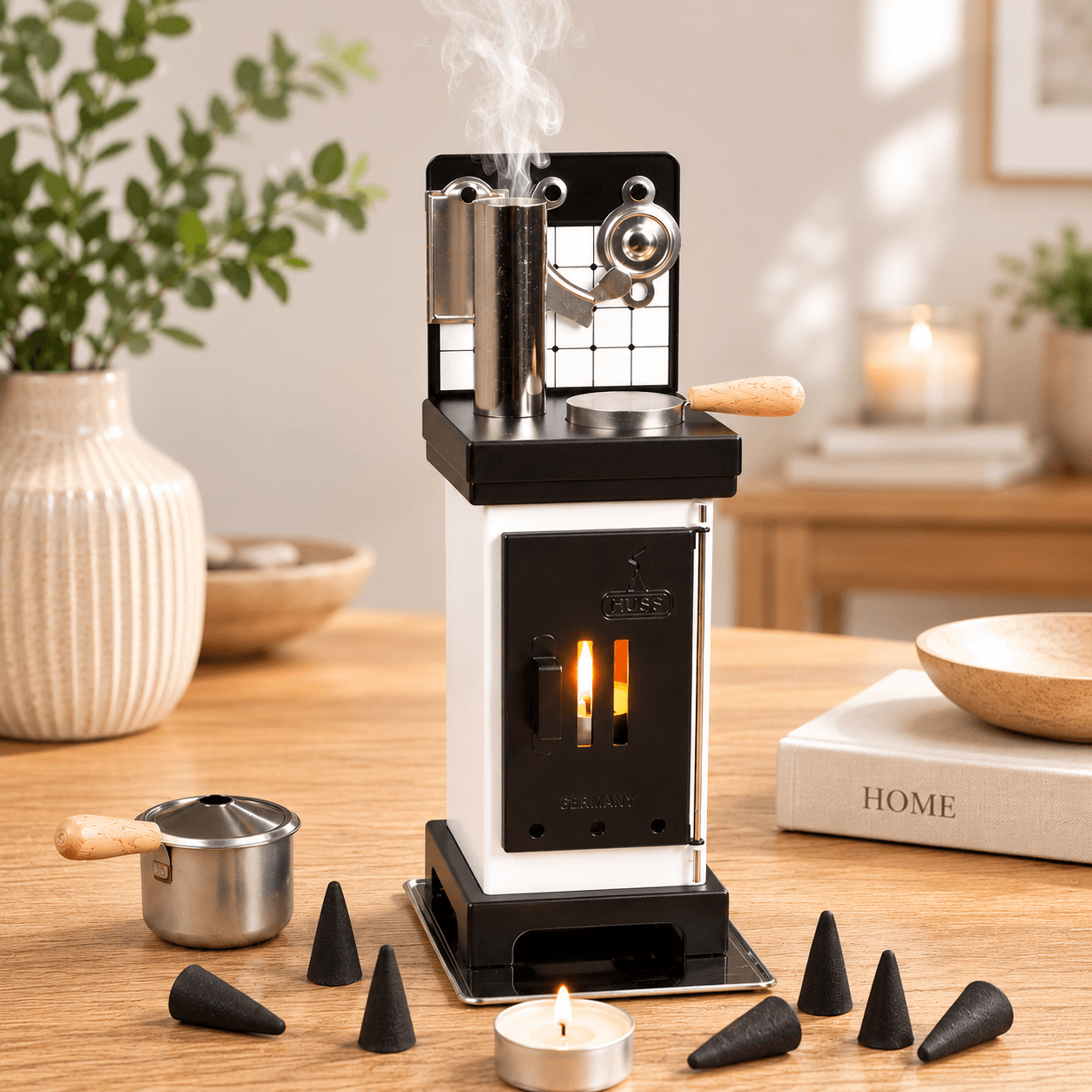HUSS Incense Cone and Fragrance Oven in black and white, demonstrating incense cone smoke flowing from the chimney displayed in a living room.