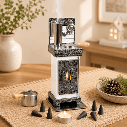 HUSS Incense Cone and Fragrance Oven in silver and white, demonstrating incense cone smoke flowing from the chimney with Christmas décor.