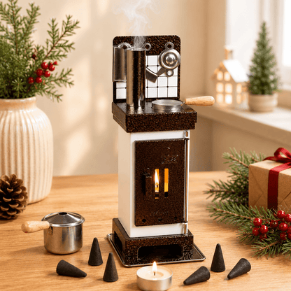 HUSS Incense Cone and Fragrance Oven in white-and-copper, demonstrating incense cone smoke flowing from the chimney with Christmas decor.