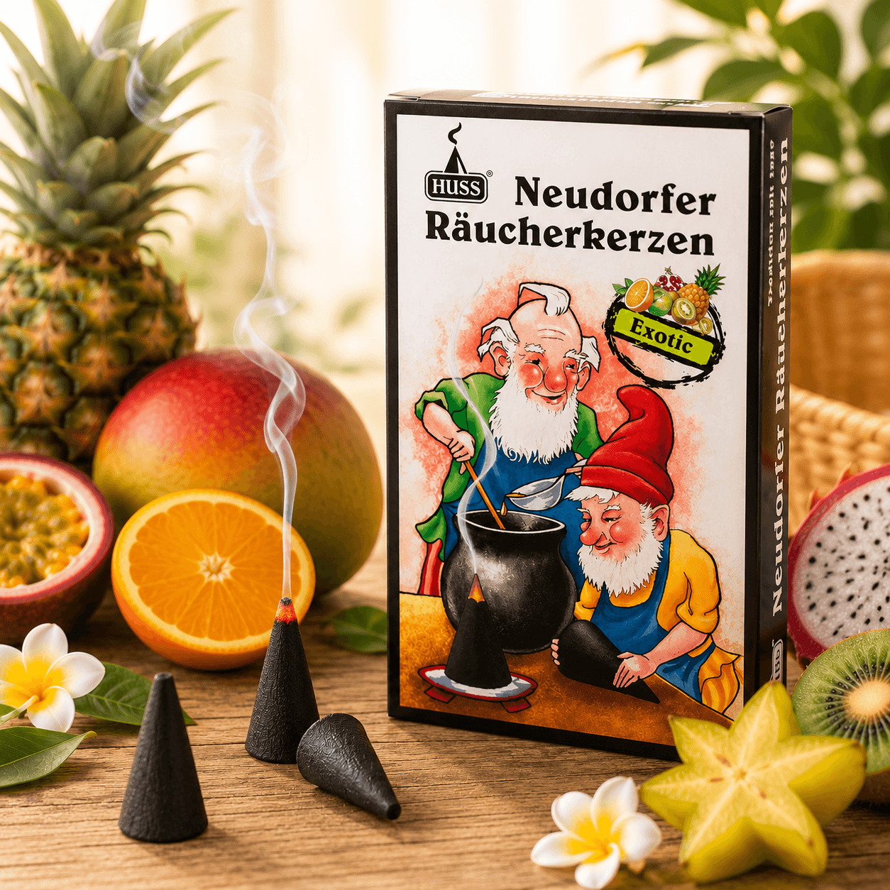 A box of HUSS Incense cones in EXOTIC flavor on a wooden table with smoking incense cones and exotic fruits around.