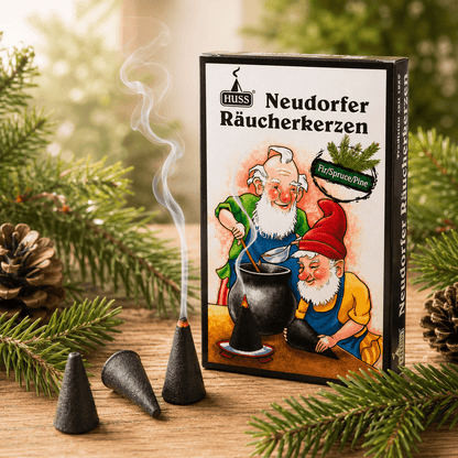 A box of HUSS Incense cones Fir displayed on a wooden table with incense cones smoking, and some fir twigs around.
