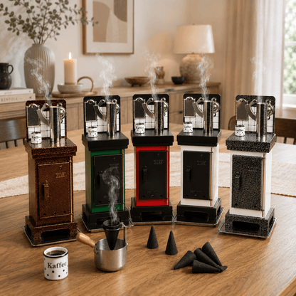 Steaming HUSS Incense cone oven in five different colors on a table with some incense cones