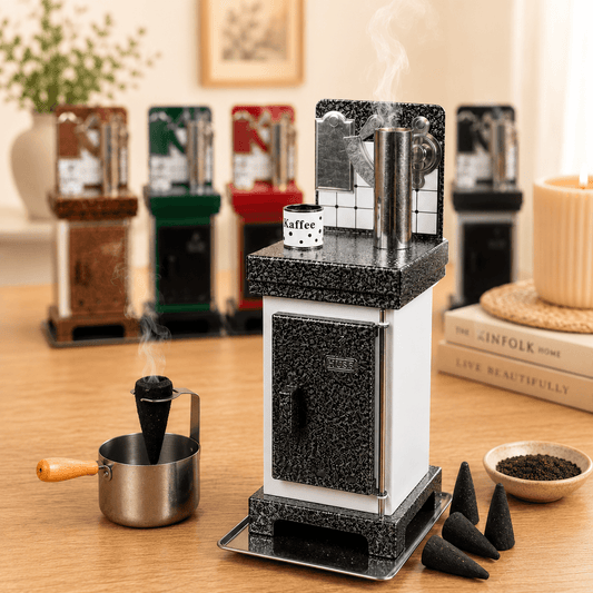 HUSS Incense incense cone oven in white and silver with rising steam, displayed on a wooden table with incense cones and further colors of the oven in the back.