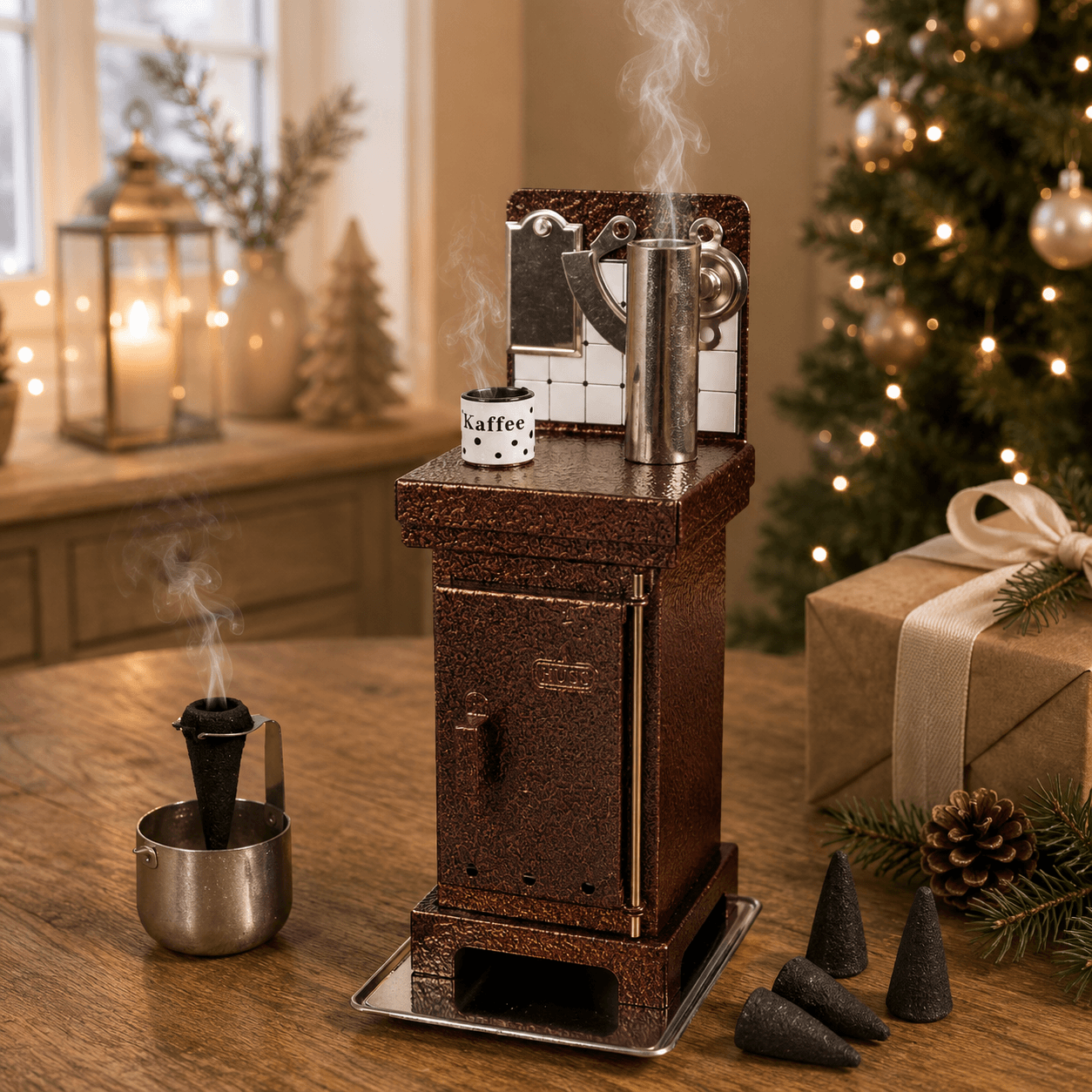 Steaming HUSS Incense cone oven in copper on a table with some incense cones and Christmas deco