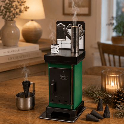Steaming HUSS Incense cone oven in green on a table with some incense cones and Christmas deco