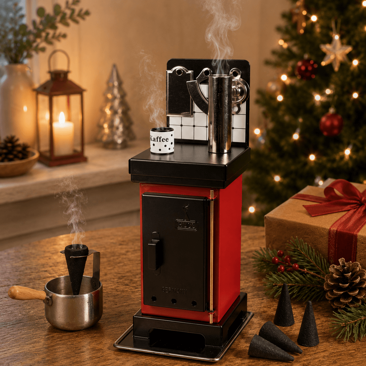 Steaming HUSS Incense cone oven in red on a table with some incense cones and Christmas deco