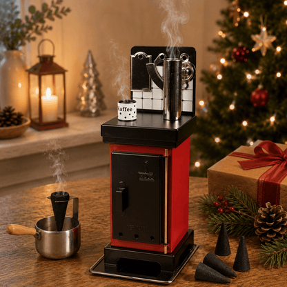 Steaming HUSS Incense cone oven in red on a table with some incense cones and Christmas deco