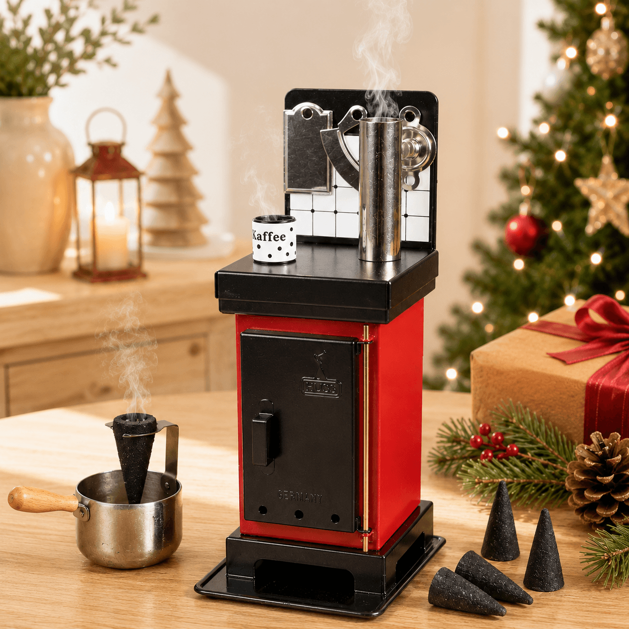 HUSS Incense incense cone oven in red and black with rising steam, displayed on a wooden table and Christmas gifts.