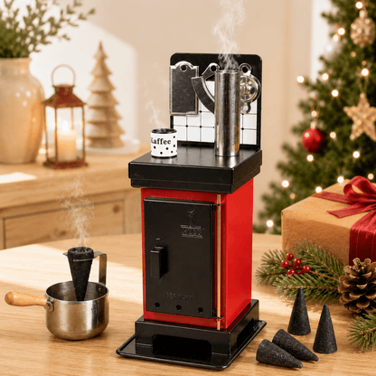 HUSS Incense incense cone oven in red and black with rising steam, displayed on a wooden table and Christmas gifts.