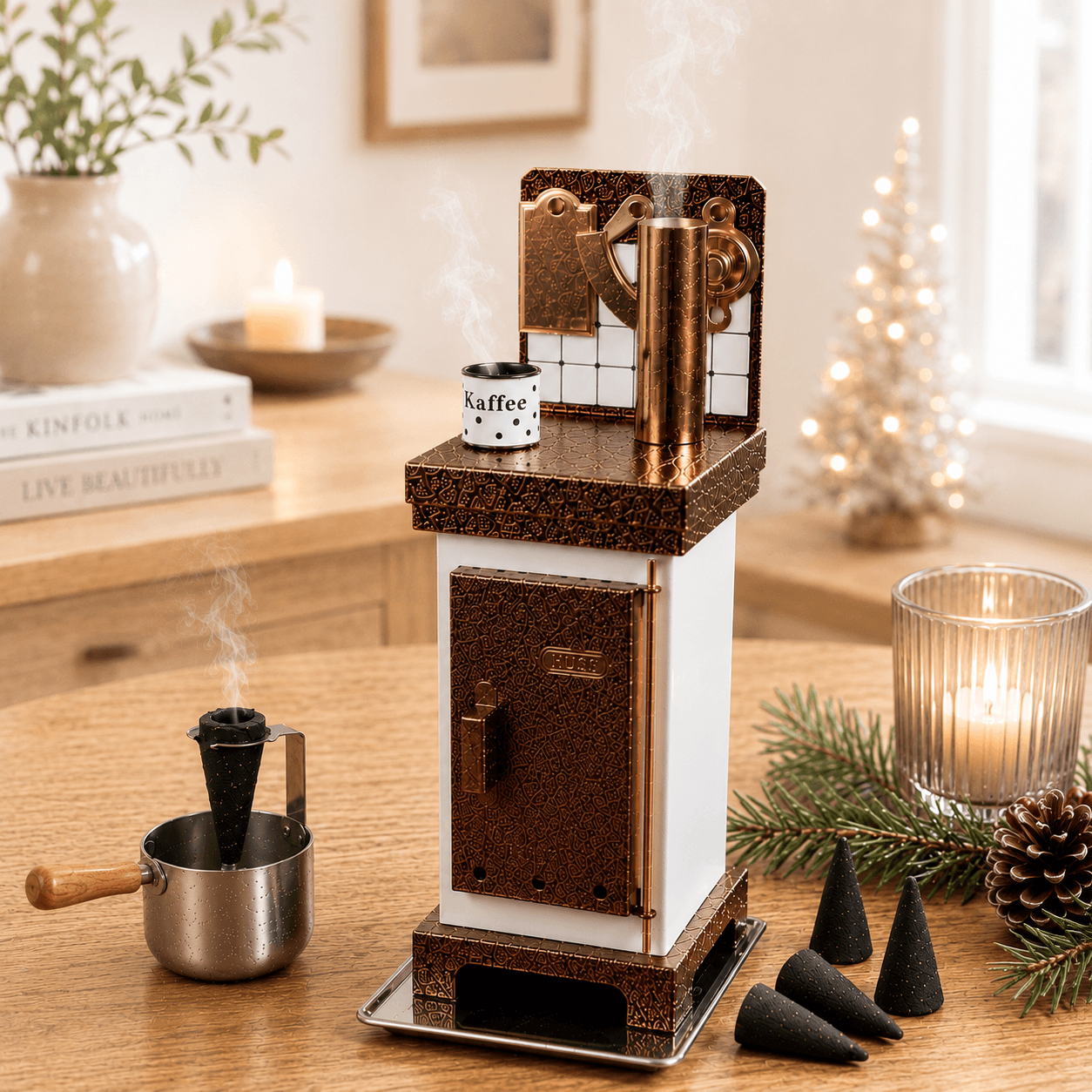 HUSS Incense incense cone oven in white and copper with rising steam, displayed on a wooden table in a cozy setting.