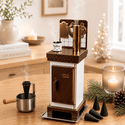 HUSS Incense incense cone oven in white and copper with rising steam, displayed on a wooden table in a cozy setting.