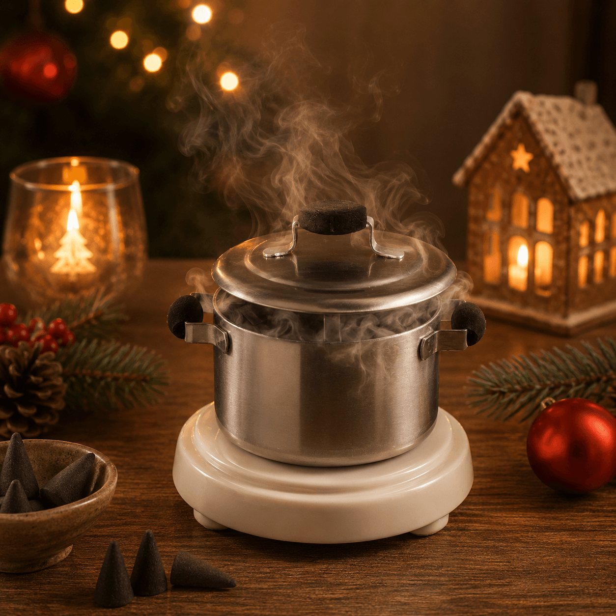 HUSS Incense kettle smoking with incense and Christmas decor on a wooden table.
