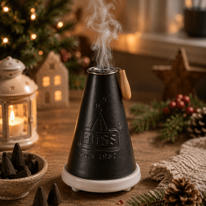 HUSS Incense Meiler black, incense burner with a burning incense cone and smoke rising, displayed on a wooden table in a cozy Christmas setting.