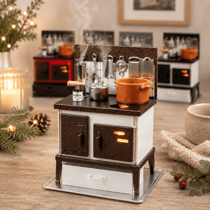 HUSS Incense white and copper multi-purpose oven with miniature cookware, kitchen utensils, and rising steam with Christmas decor and some more colors of the oven in the back.