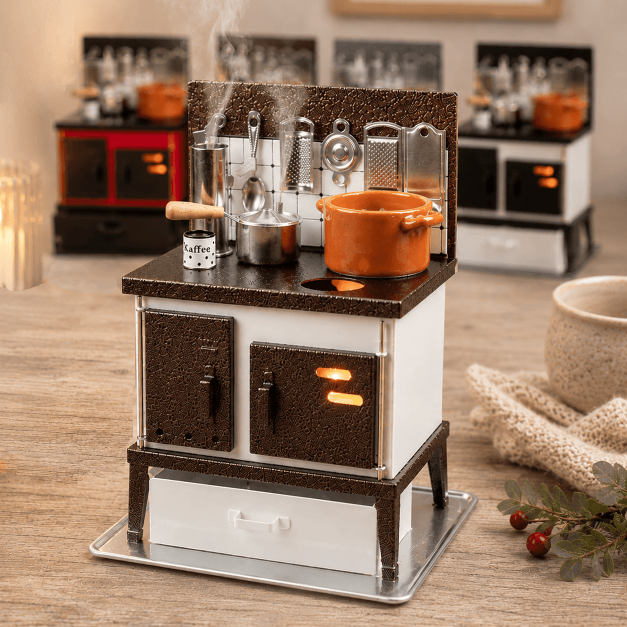HUSS Incense white and copper multi-purpose oven with miniature cookware, kitchen utensils, and rising steam on a wooden table with some more colors of the oven in the back.