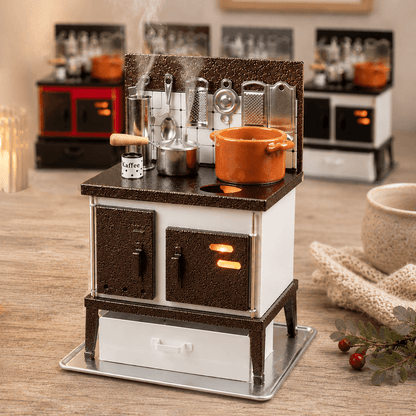 HUSS Incense white and copper multi-purpose oven with miniature cookware, kitchen utensils, and rising steam on a wooden table with some more colors of the oven in the back.