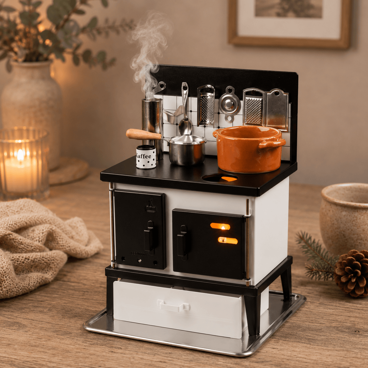HUSS black-and-white multi-purpose incense oven with miniature cookware, utensils, and smoking coffee pot, designed for burning incense cones and creating a cozy home atmosphere.