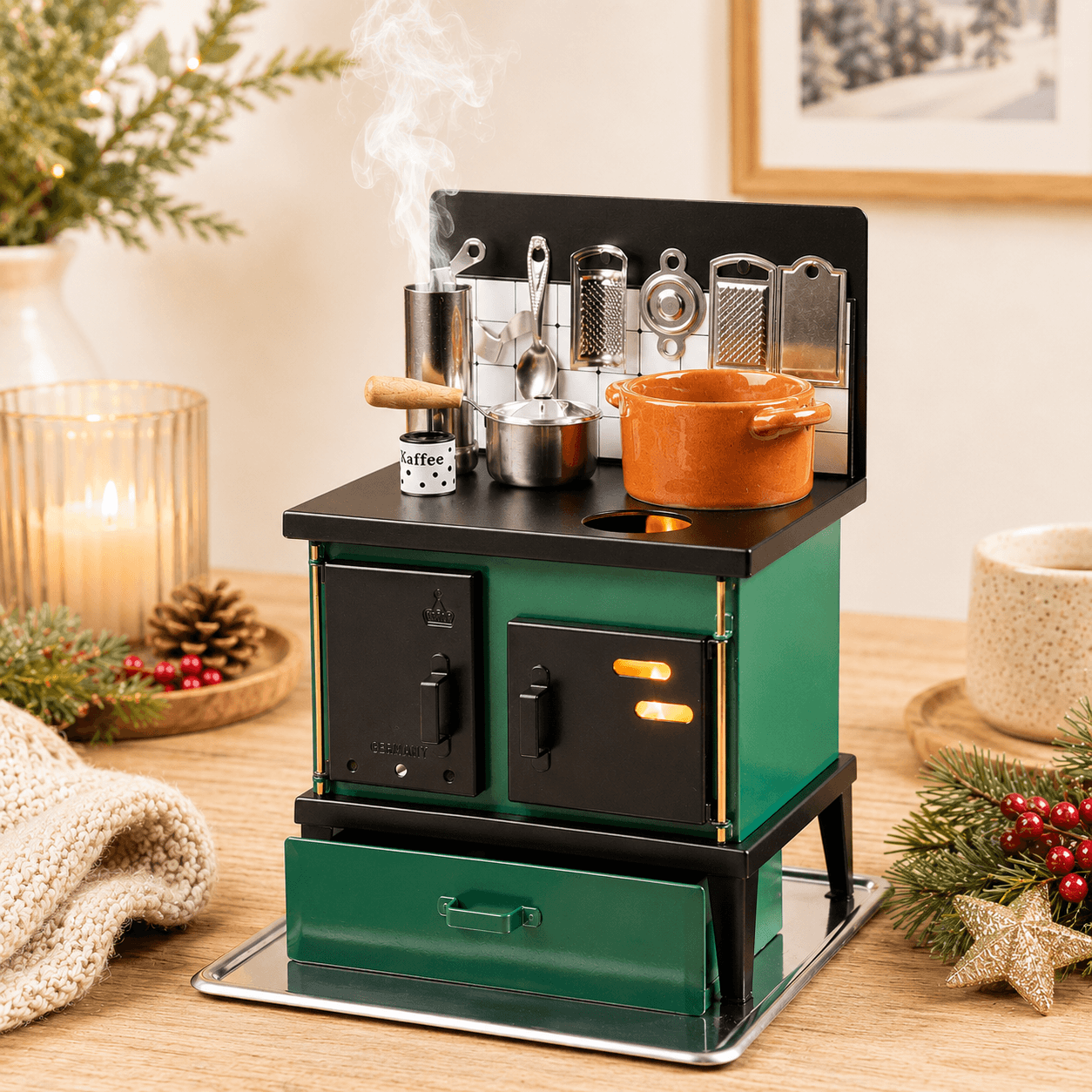 HUSS green and black multi-purpose incense oven with cooking pot, utensils, and steaming coffee pot for burning incense cones, displayed on a wooden table in a cozy holiday setting.