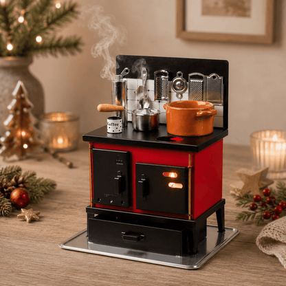 HUSS red and black multi-purpose incense oven for incense cones with miniature cooking pots, utensils, and a steaming coffee pot, displayed on a wooden table in a cozy home setting.